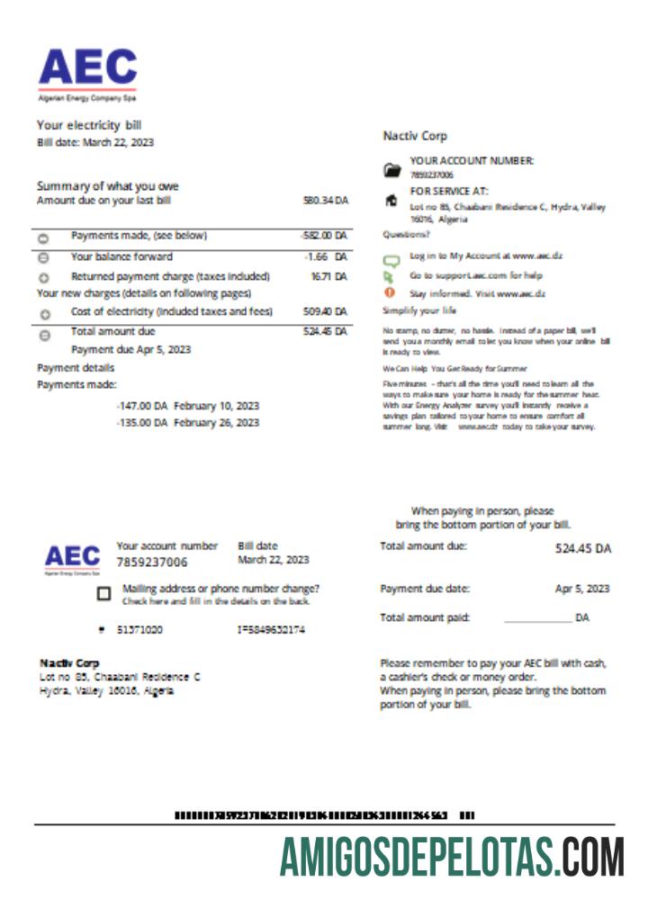 Projeto de lei de serviços públicos da empresa de energia argelina AEC, SCR exemplo